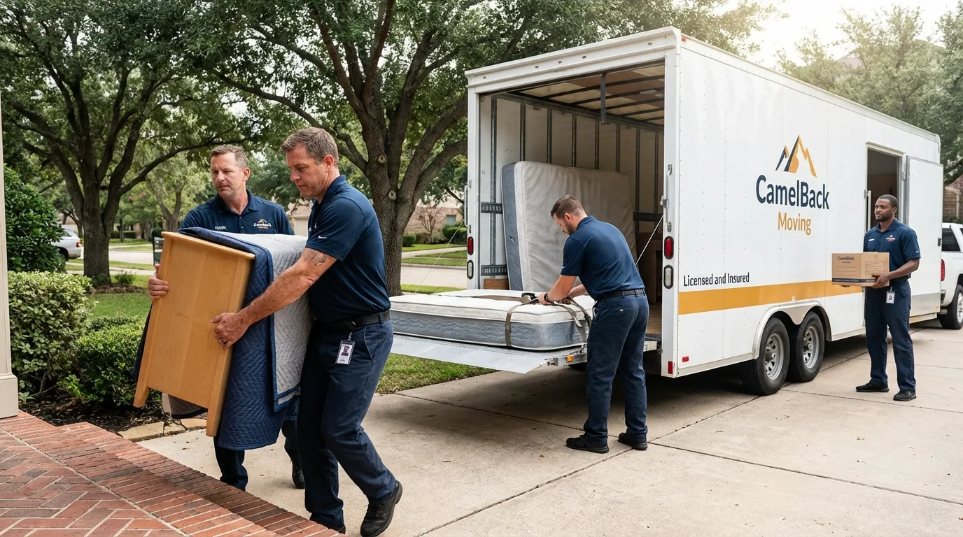 Crew loading residential truck for cross-state move from Los Osos, CA