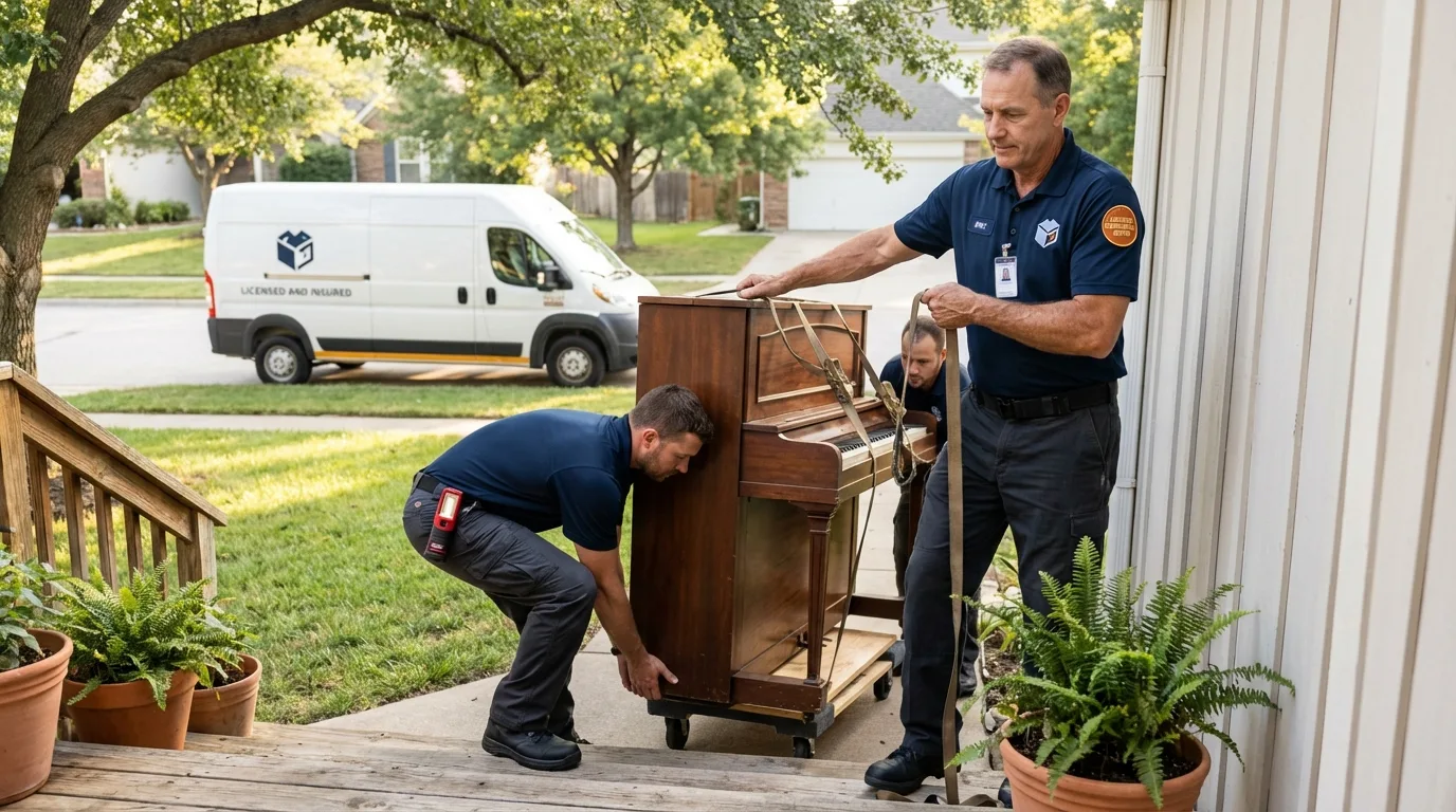 Licensed piano movers securing grand piano in Los Osos, CA