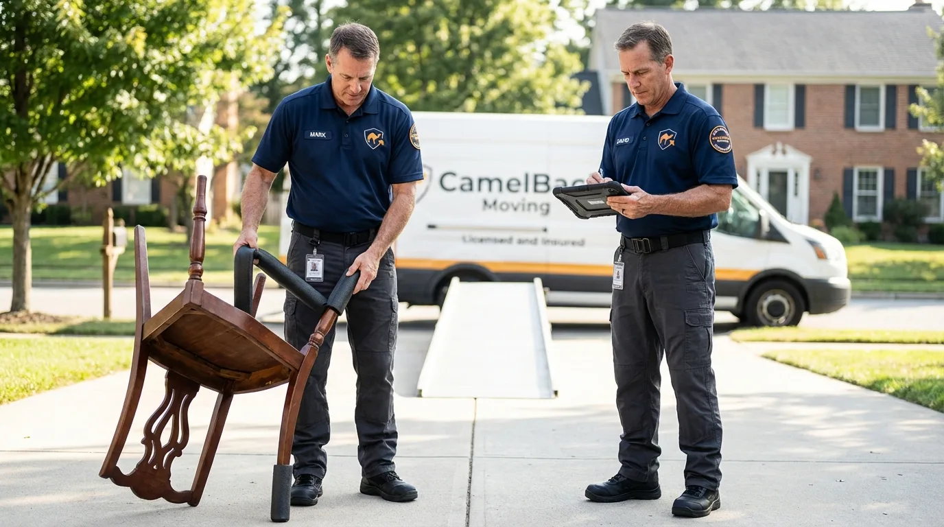 Movers inspecting furniture for damage prevention before loading in Los Osos, CA