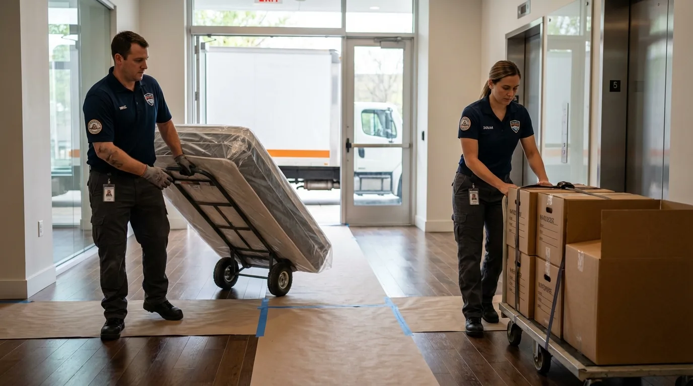 Professional apartment movers loading elevator in Los Osos, CA